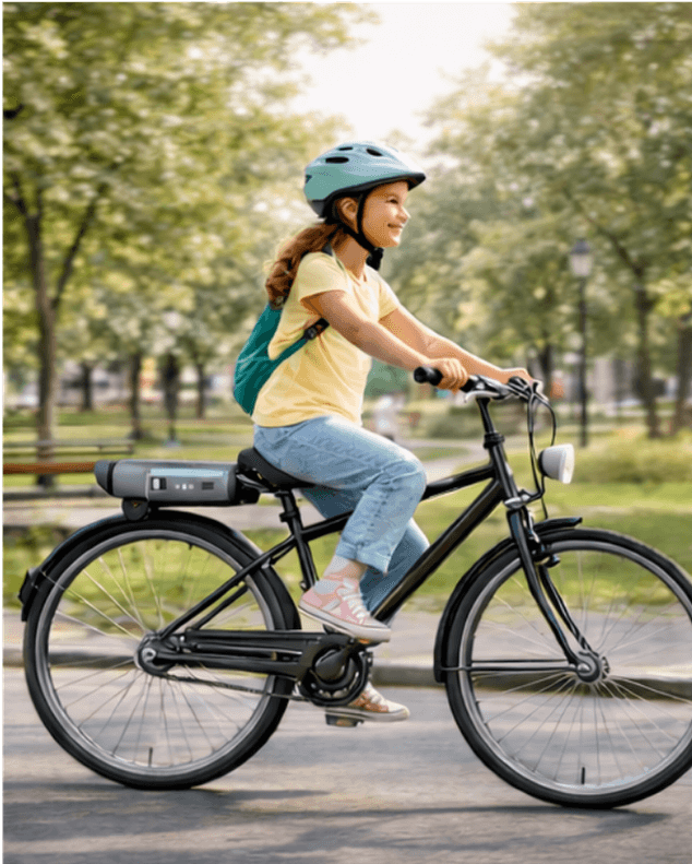 Young cyclist enjoying e-bike in the park